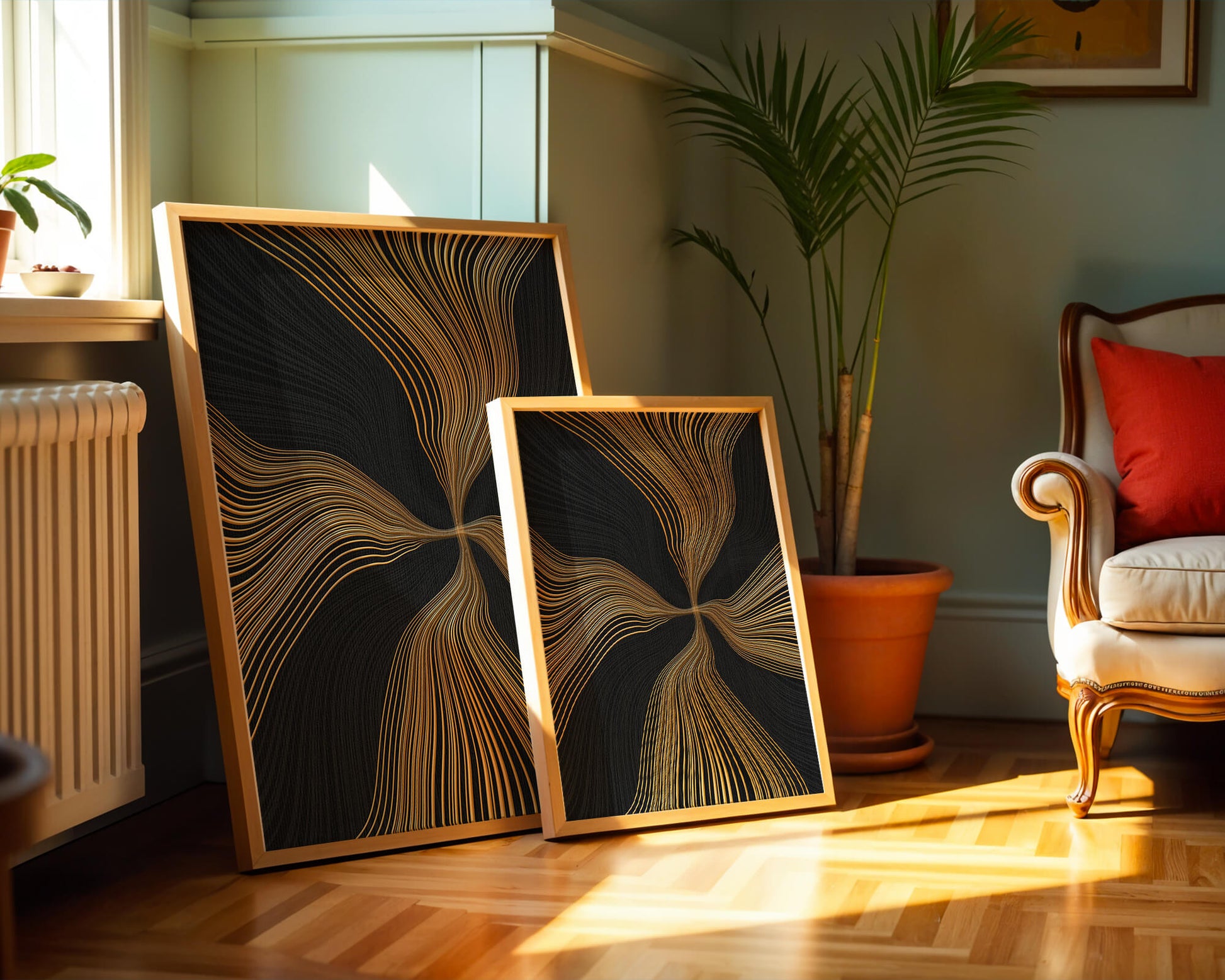 Líneas doradas abstractas sobre fondo negro con flujo dinámico