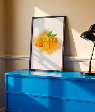 Watercolor depiction of a ripe mango with leaves on textured background