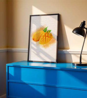 Watercolor depiction of a ripe mango with leaves on textured background