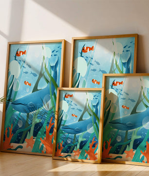 Underwater scene with whale, fish, and sea plants illustration
