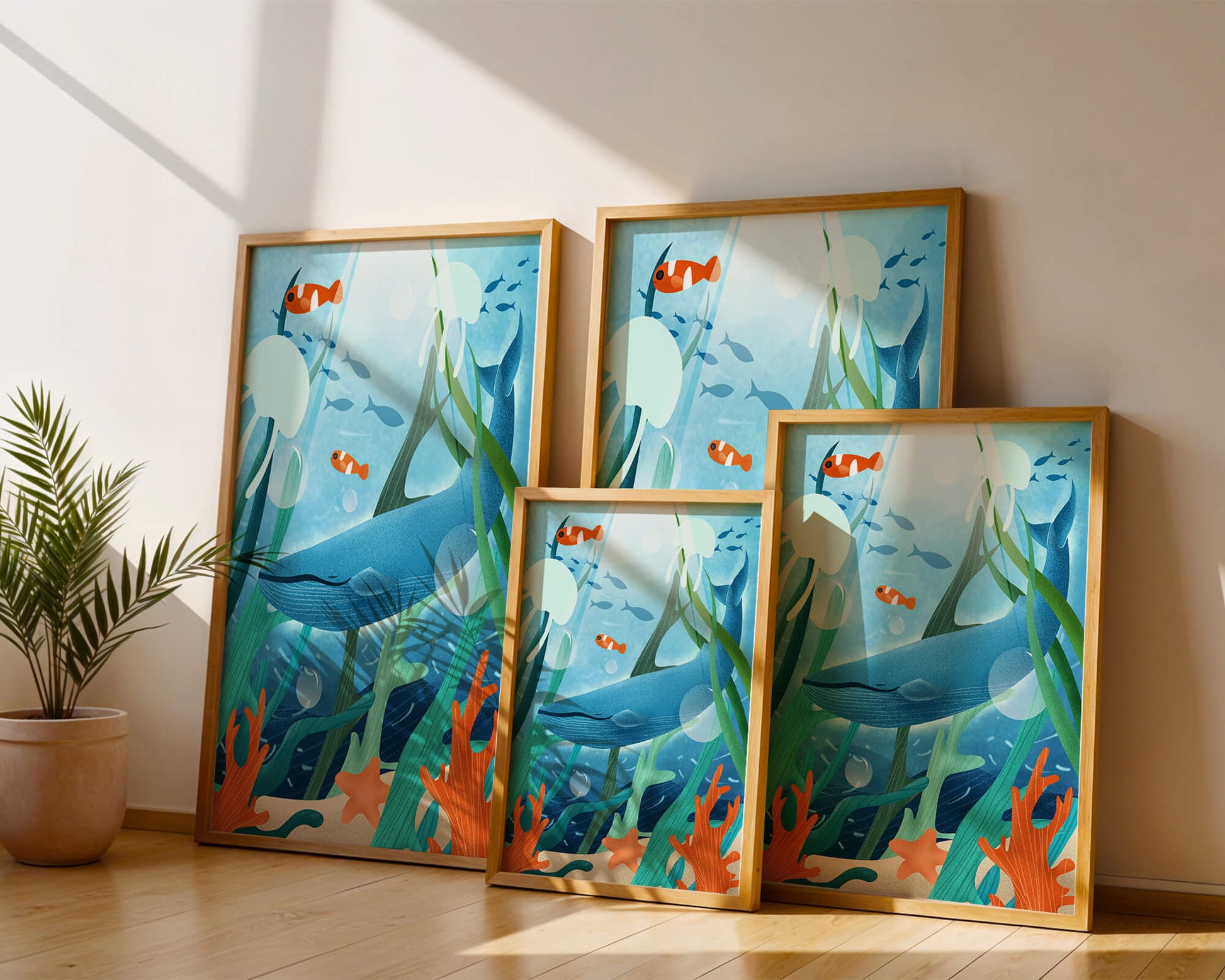 Underwater scene with whale, fish, and sea plants illustration