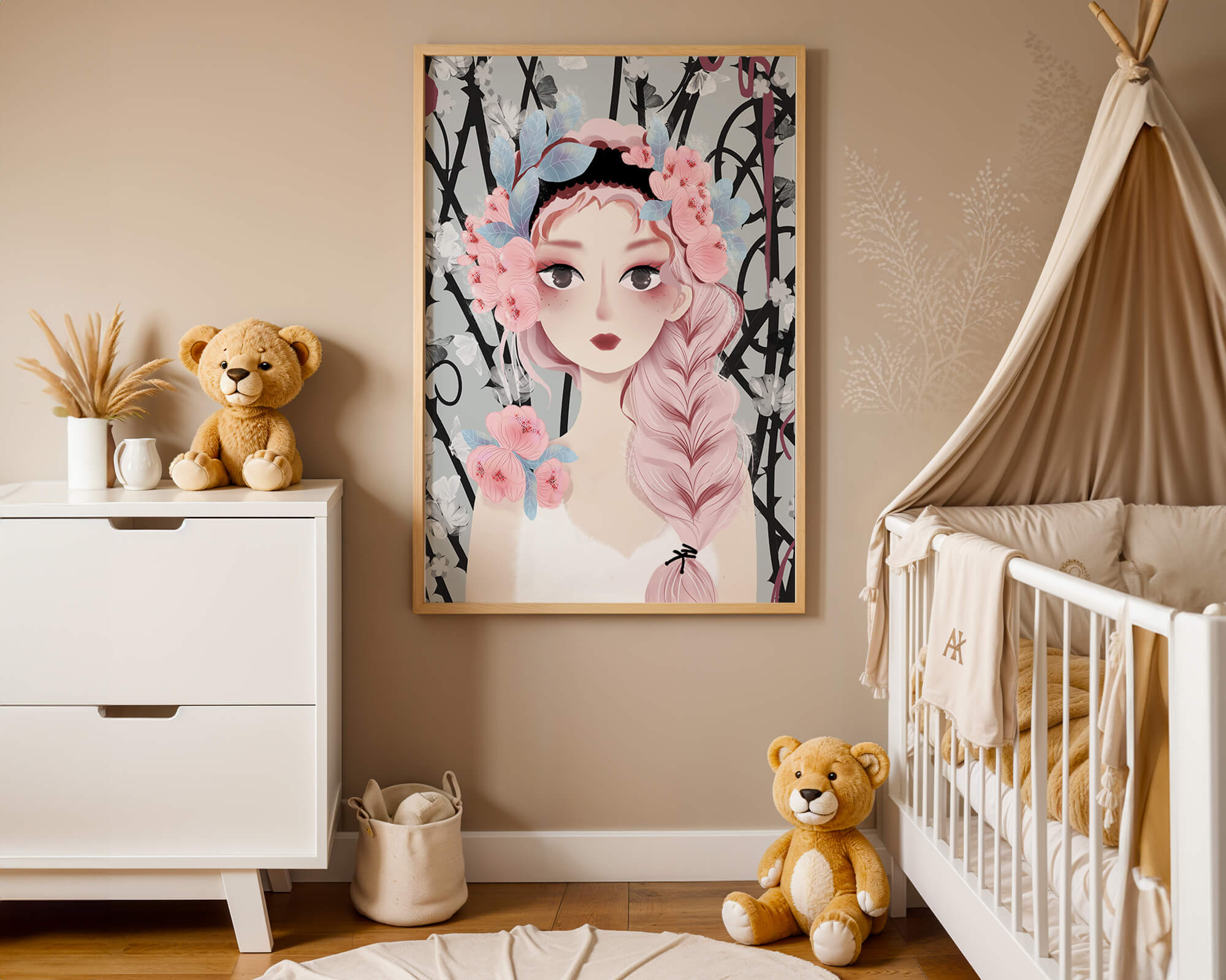 Whimsical illustration of a girl with pink hair and floral crown
