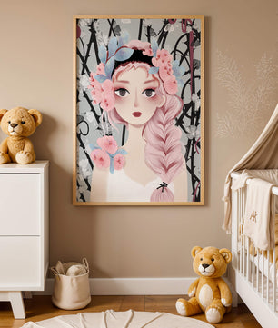 Ilustración caprichosa de una chica con cabello rosa y corona floral