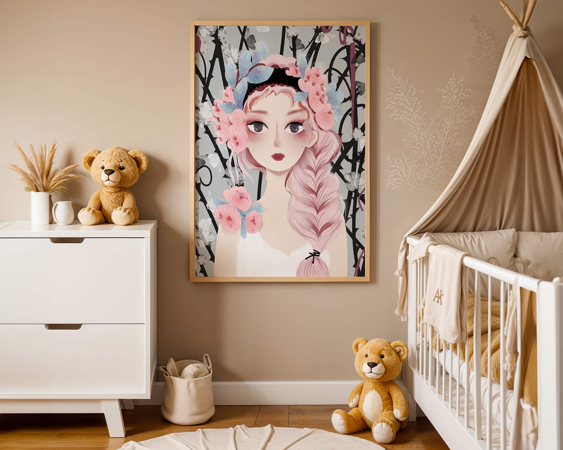Whimsical illustration of a girl with pink hair and floral crown