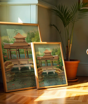 Traditional Japanese Garden Pavilion with Scenic Pond and Lush Greenery
