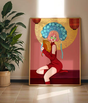 Elegante Illustration einer Frau in traditioneller Kleidung mit einem Fächer
