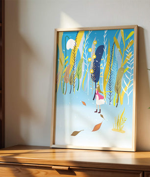 Whimsical scene with girl in colorful abstract forest