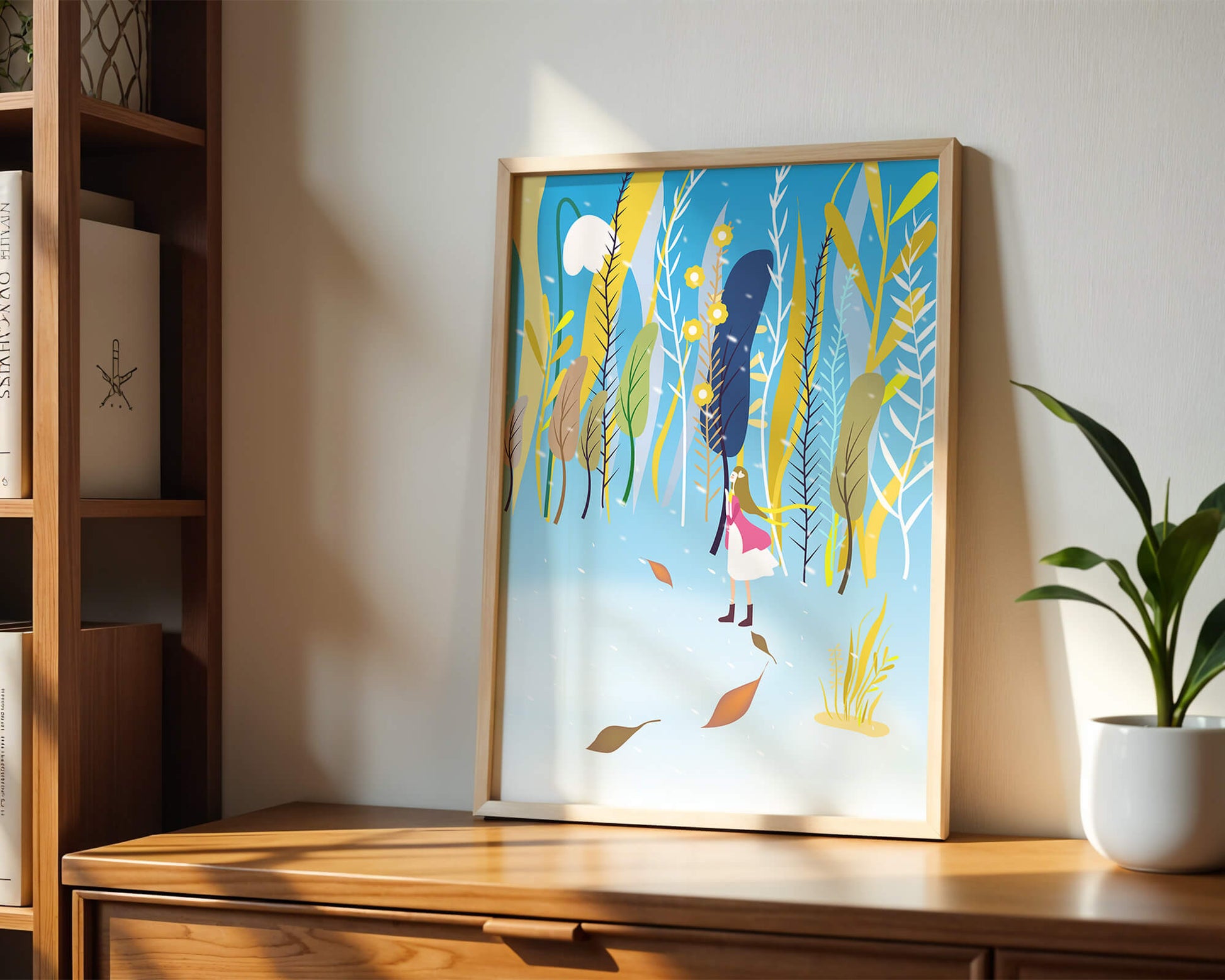 Whimsical scene with girl in colorful abstract forest