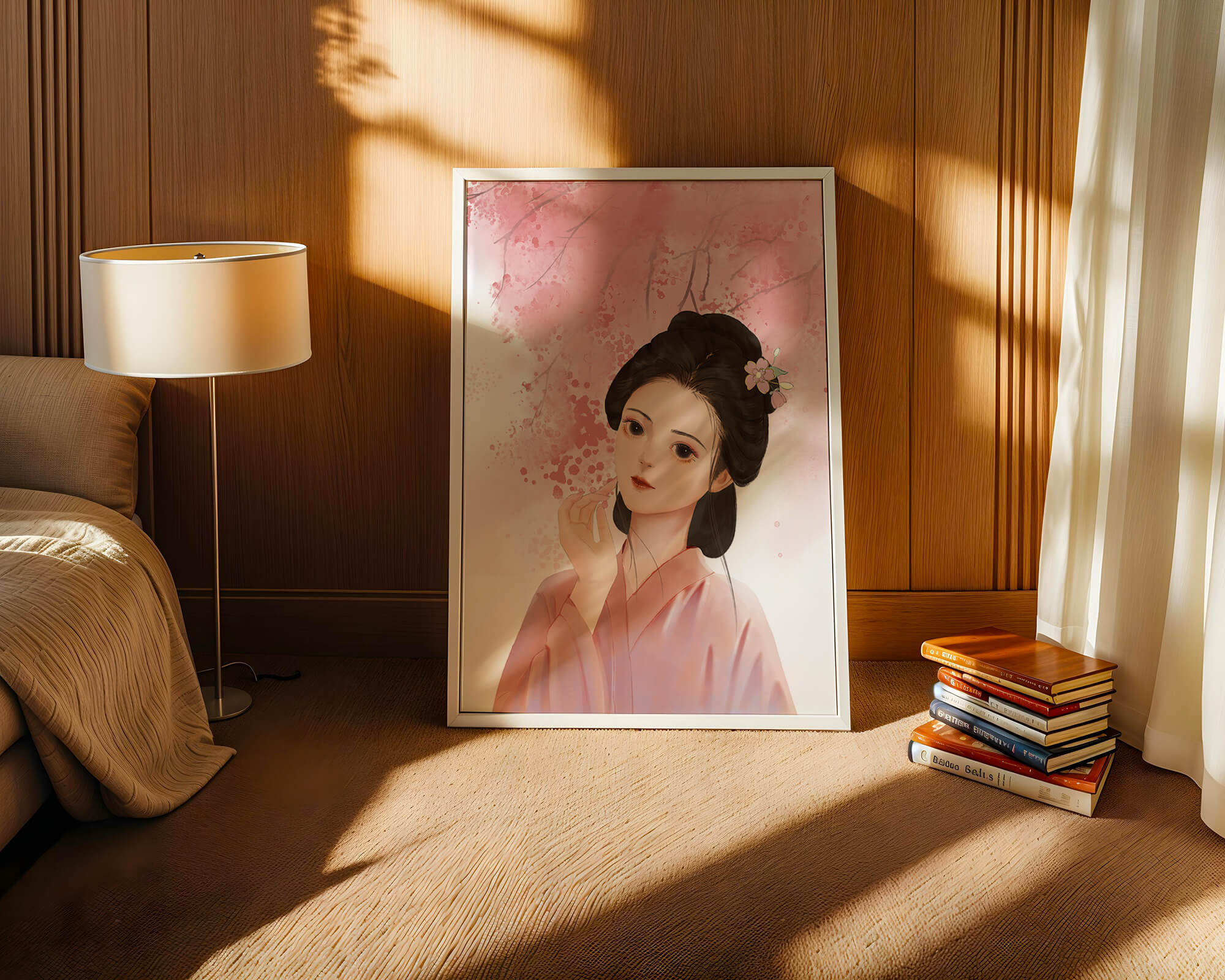 Traditional Japanese woman with pink cherry blossoms in the background