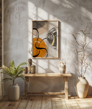 Abstract Art with Orange, Black, and Gold Brushstrokes - Mi tienda