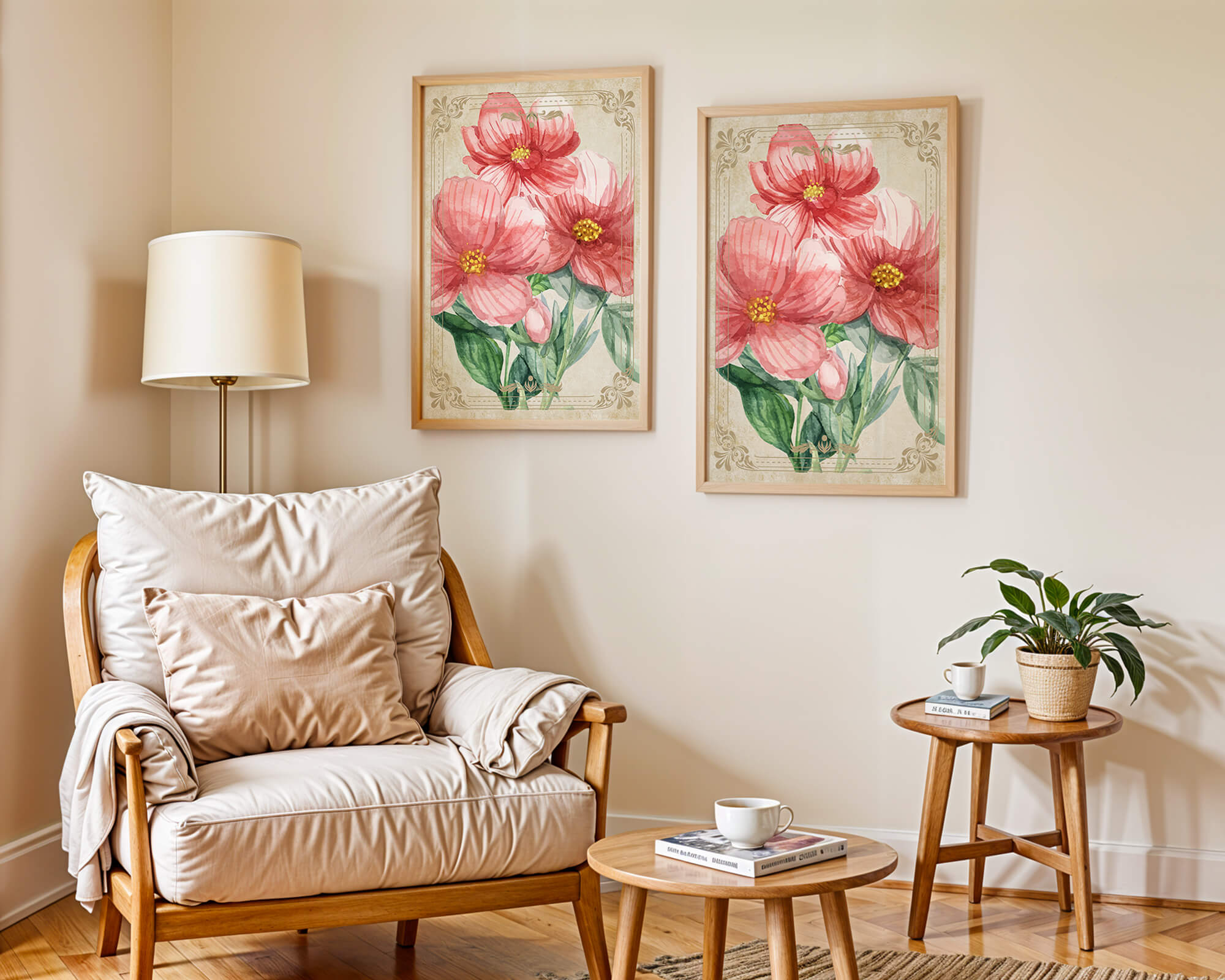 Watercolor floral illustration with pink blooms and green foliage