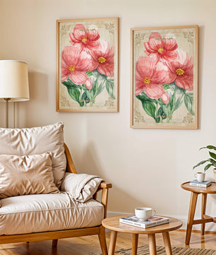 Watercolor floral illustration with pink blooms and green foliage