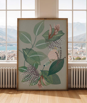 Floral botanical pattern with green leaves and delicate flowers