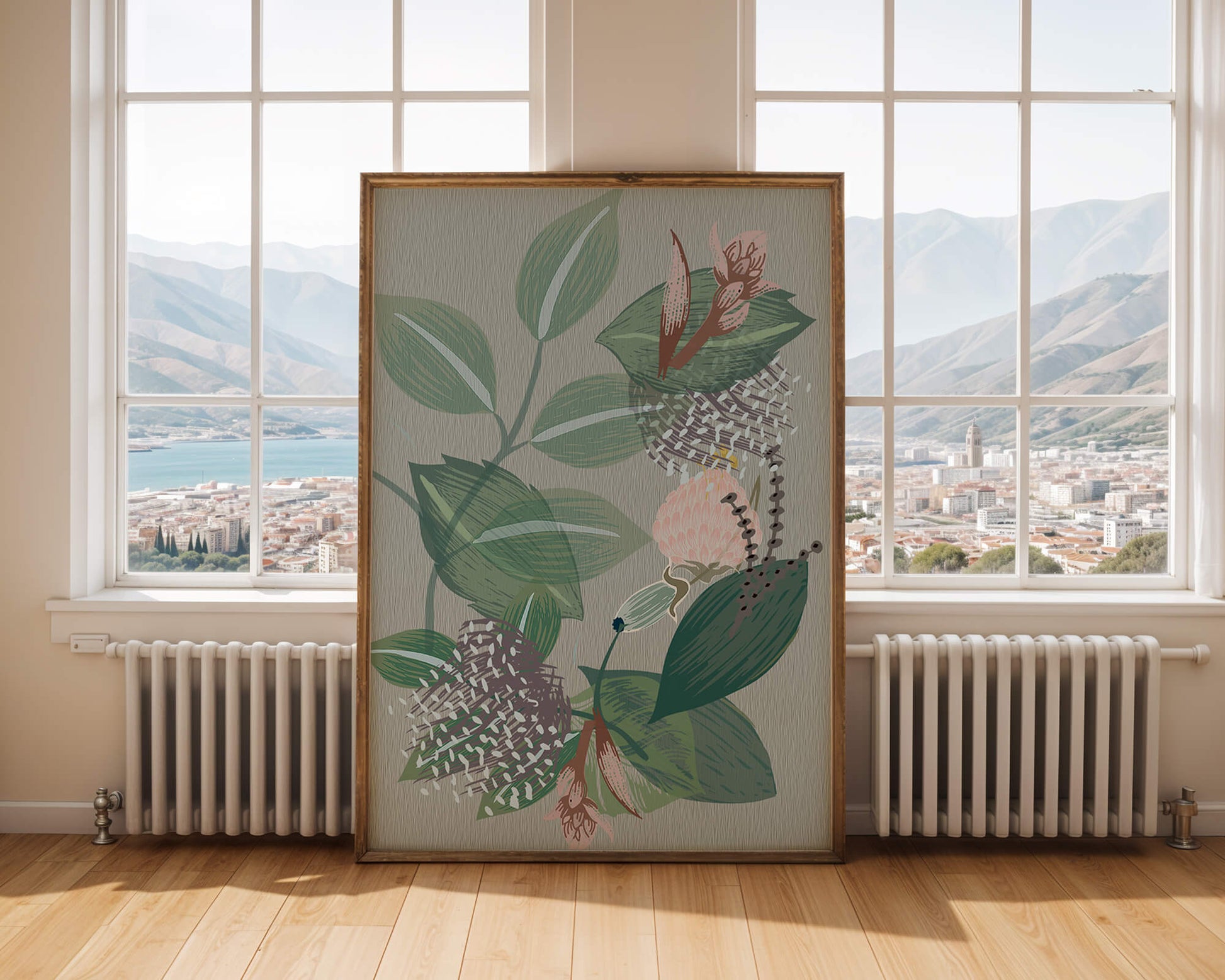 Floral botanical pattern with green leaves and delicate flowers