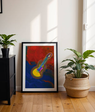 Vibrant abstract guitar illustration with bold colors