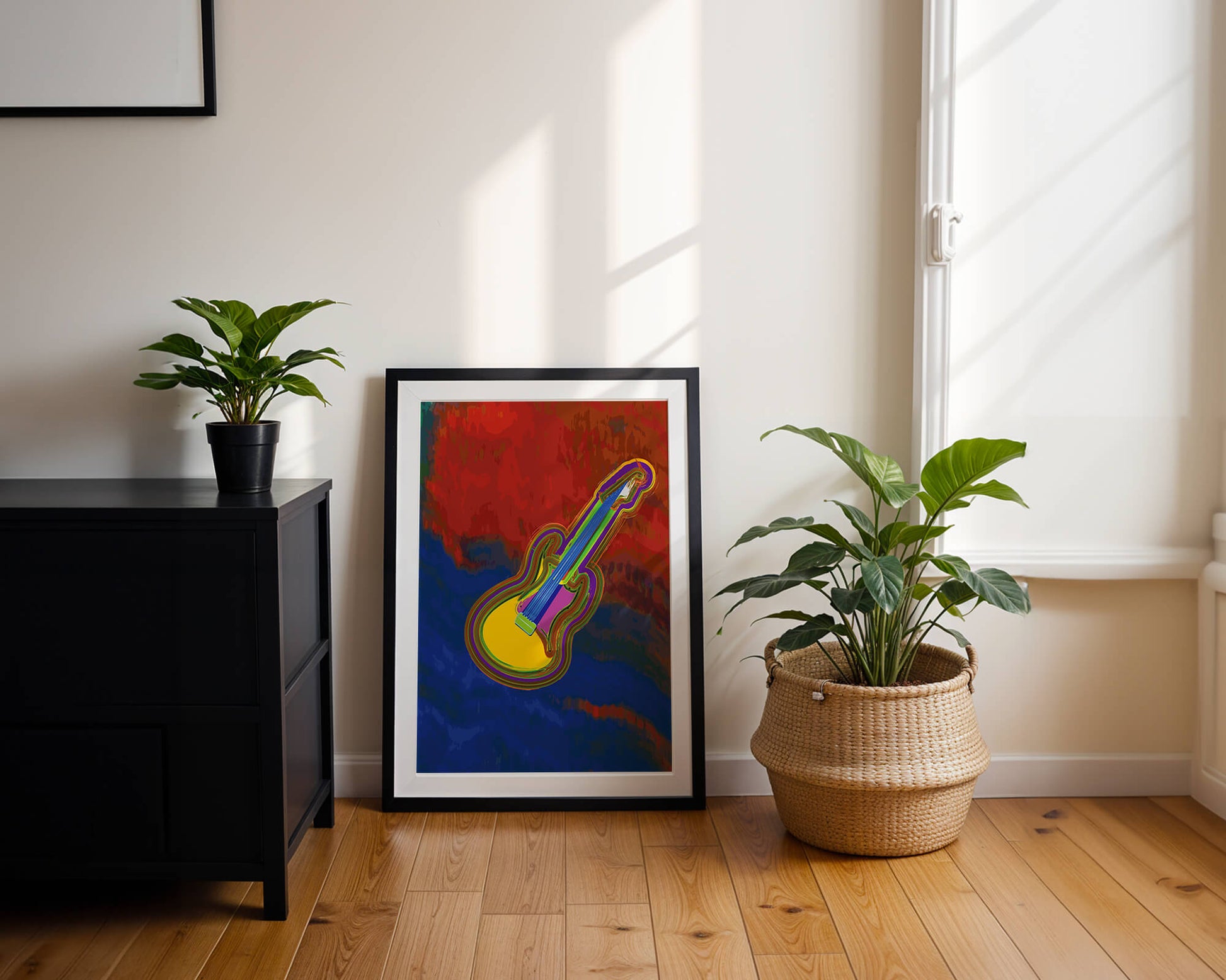 Vibrant abstract guitar illustration with bold colors