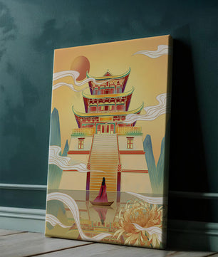Ancient temple with serene landscape and vibrant colors artwork