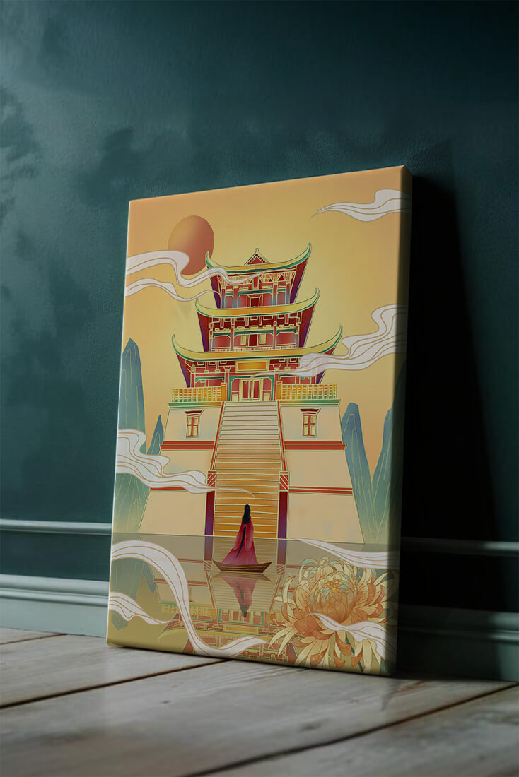 Ancient temple with serene landscape and vibrant colors artwork