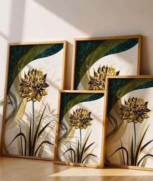 Golden flower artwork with abstract background for contemporary decor