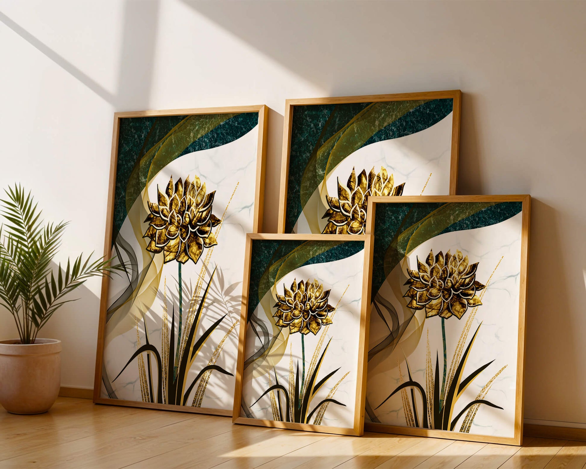 Golden flower artwork with abstract background for contemporary decor