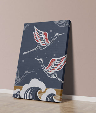 Illustrative cranes flying over ocean waves with dark background