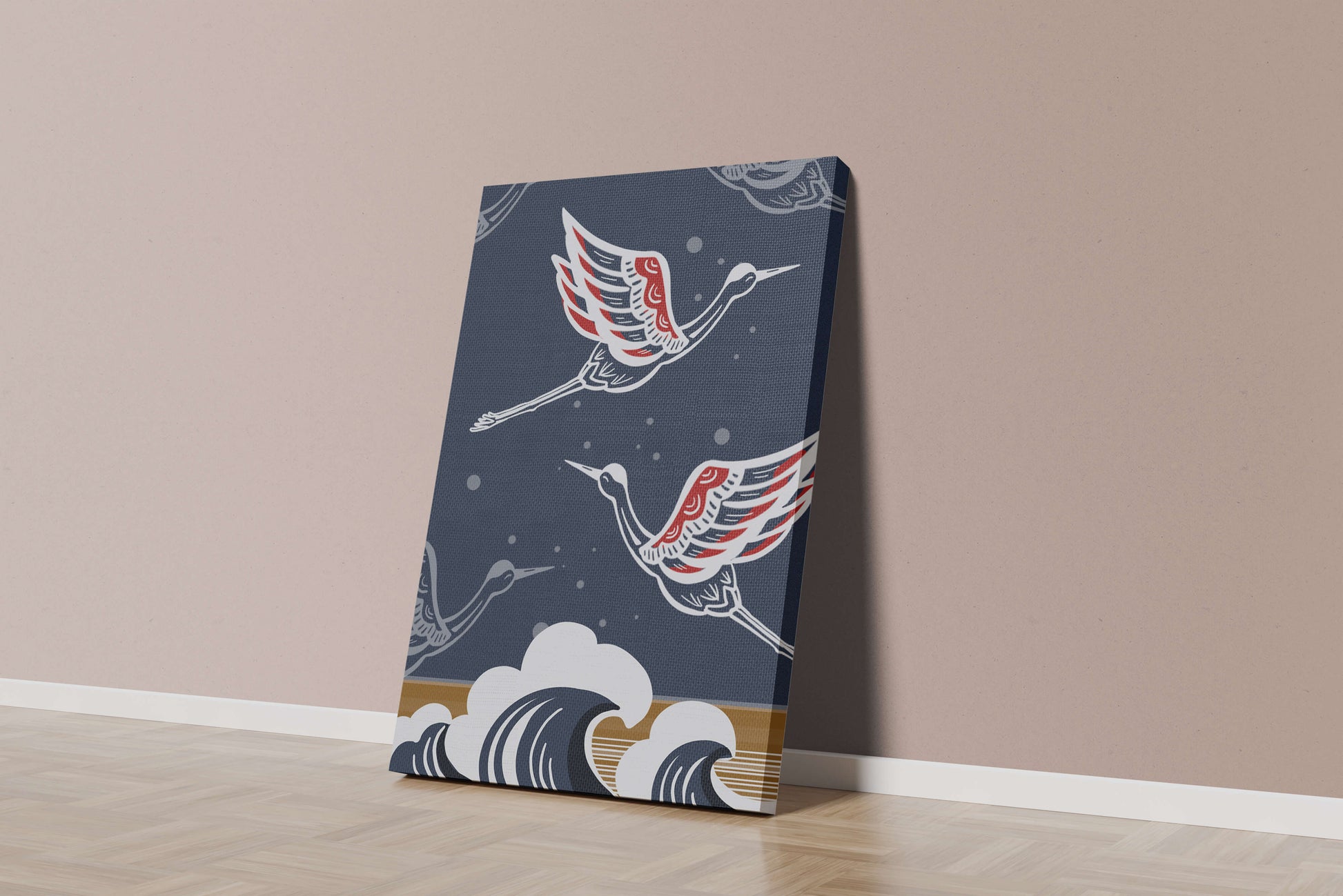 Illustrative cranes flying over ocean waves with dark background