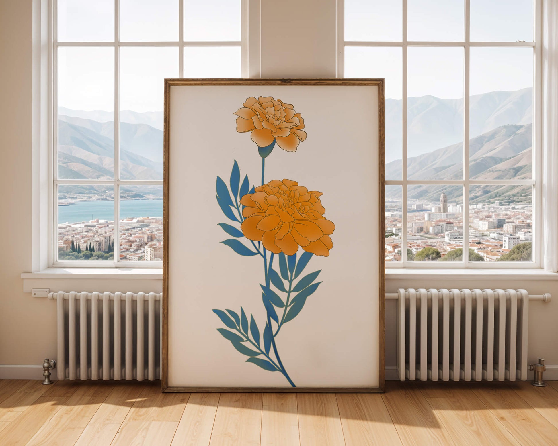 Elegante Illustration lebendiger Ringelblumen auf grünem Hintergrund