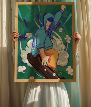 Ilustración abstracta colorida de una persona en movimiento con tonos azules y verdes