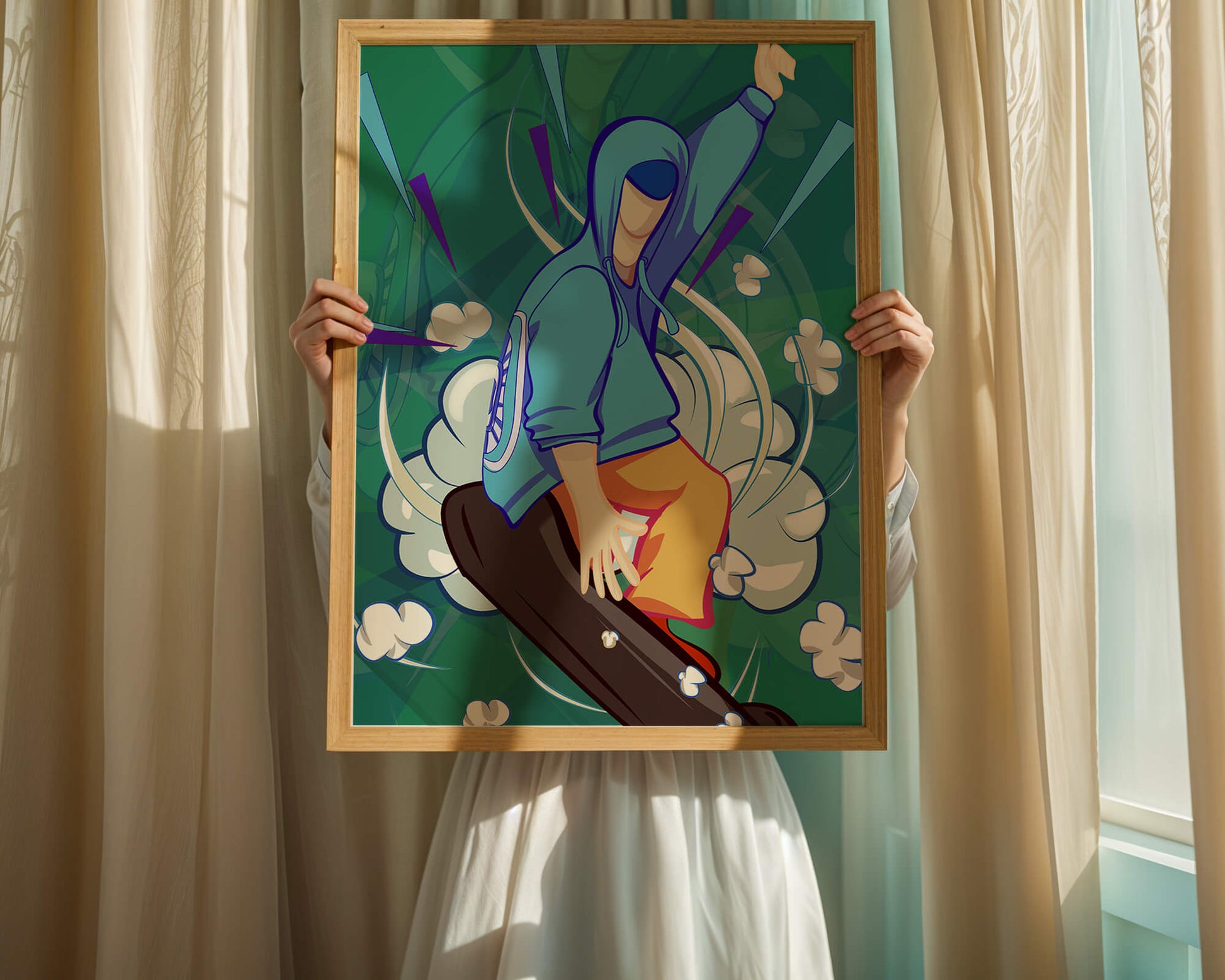Ilustración abstracta colorida de una persona en movimiento con tonos azules y verdes