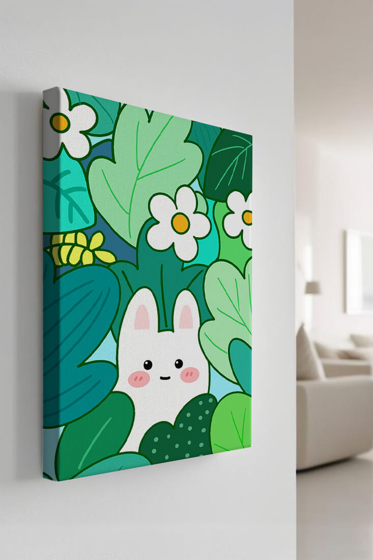 Illustration of a cute rabbit hidden among flowers and greenery