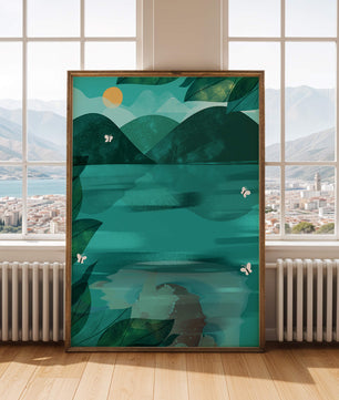 Tranquil Mountain Lake with Butterflies at Sunrise
