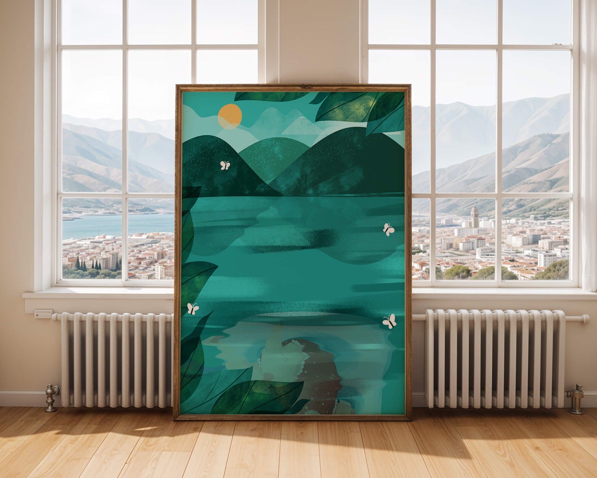 Tranquil Mountain Lake with Butterflies at Sunrise