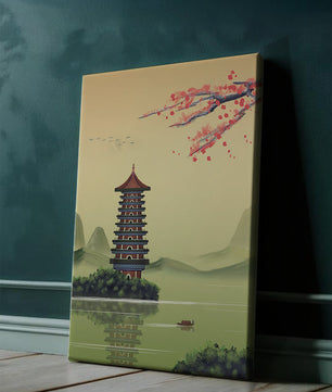 Serene landscape with traditional pagoda and blooming cherry blossoms