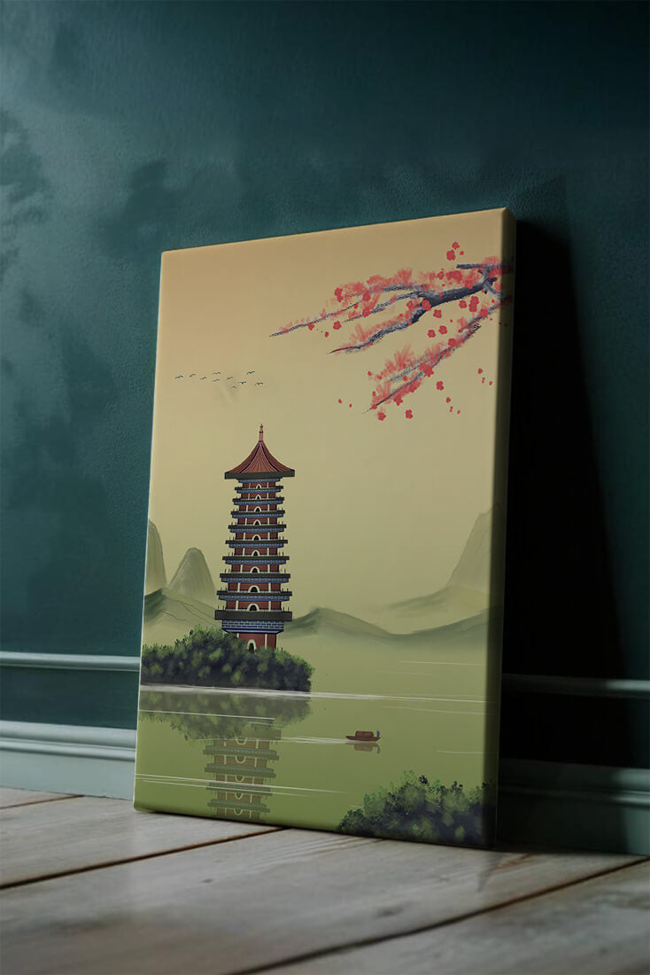 Serene landscape with traditional pagoda and blooming cherry blossoms