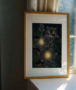 Lotus Flowers with Glowing Accents and Koi Fish Underwater