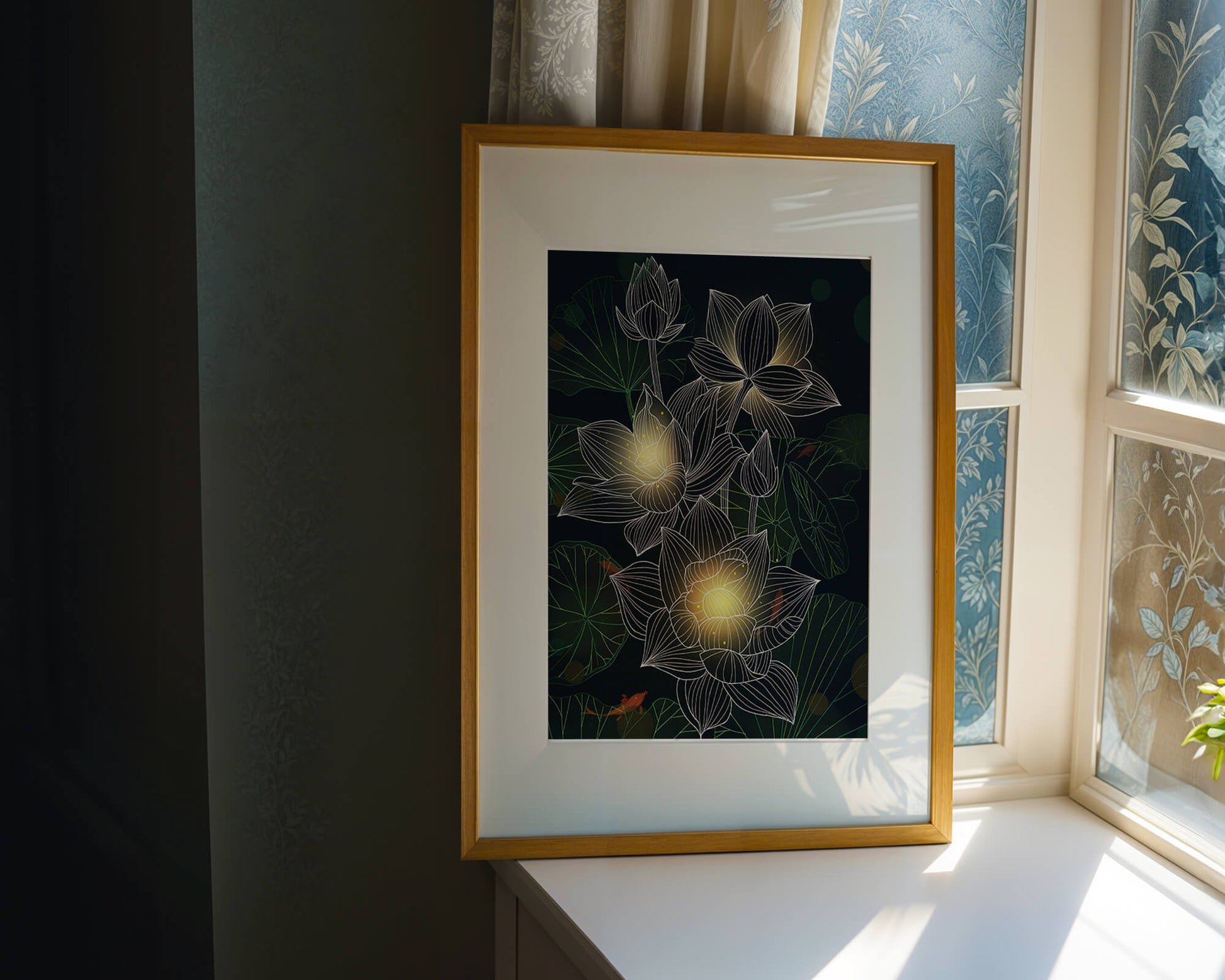 Flores de loto con detalles luminosos y peces koi bajo el agua