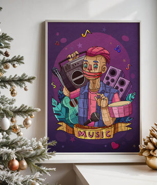 Illustration colorée sur le thème de la musique avec un personnage et des instruments