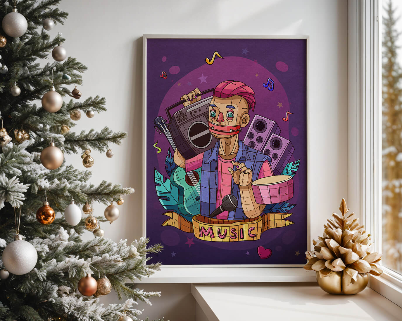 Illustration colorée sur le thème de la musique avec un personnage et des instruments