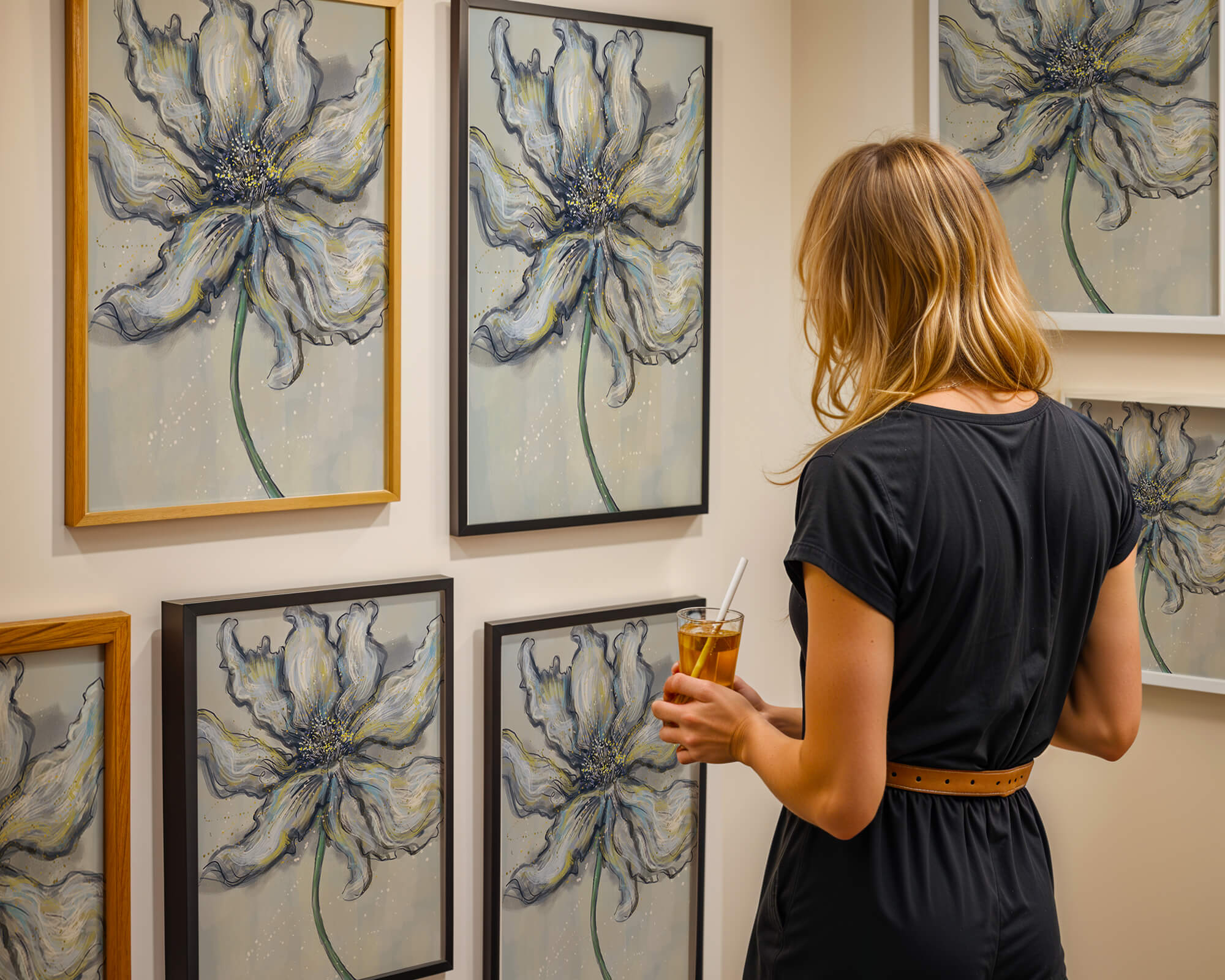 Elegant blue and green abstract floral artwork with flowing lines