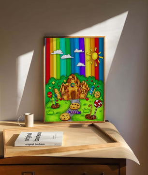 Whimsical candy house in a vibrant rainbow landscape