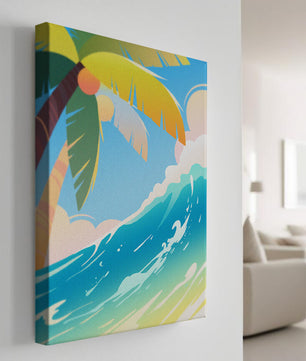 Escena vibrante de playa tropical con palmera y ola del océano