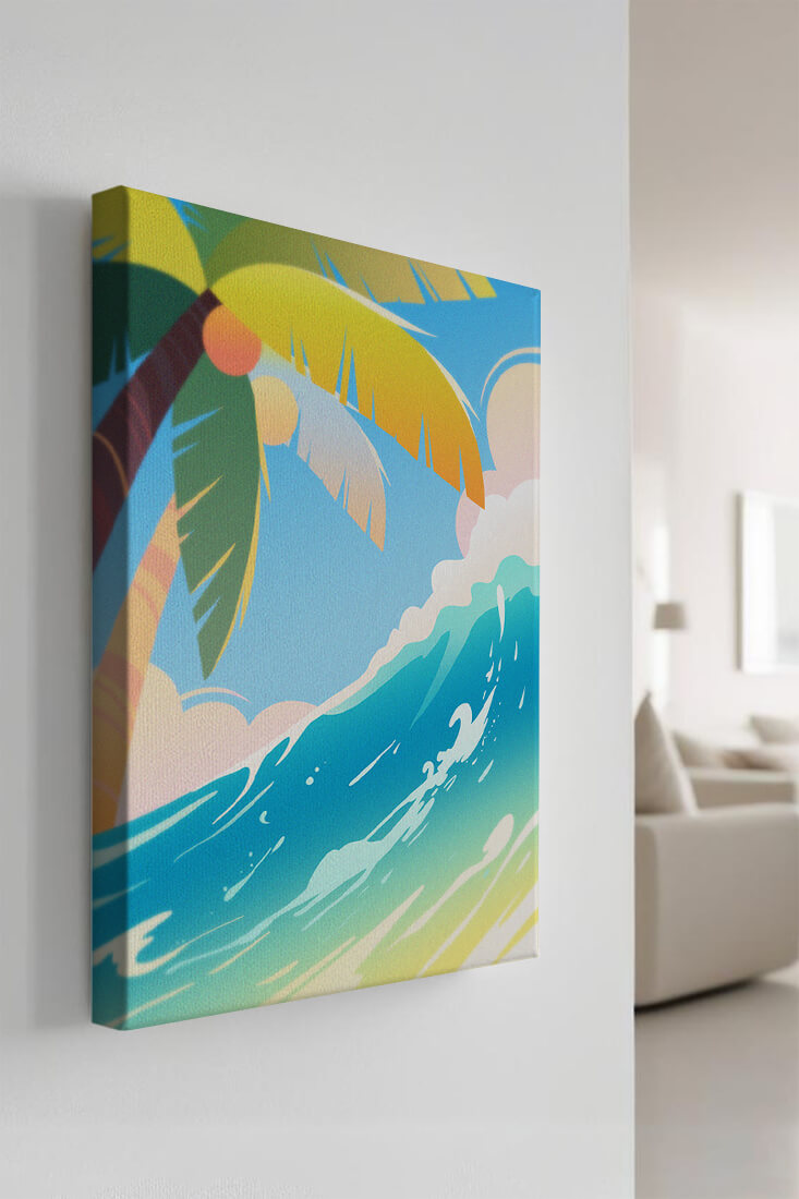 Escena vibrante de playa tropical con palmera y ola del océano