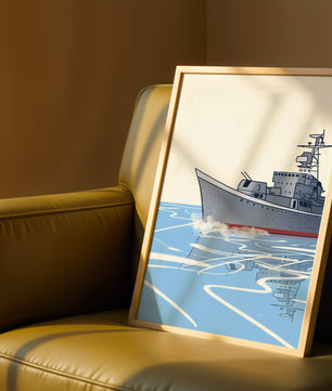 Illustrative depiction of a warship sailing on calm waters