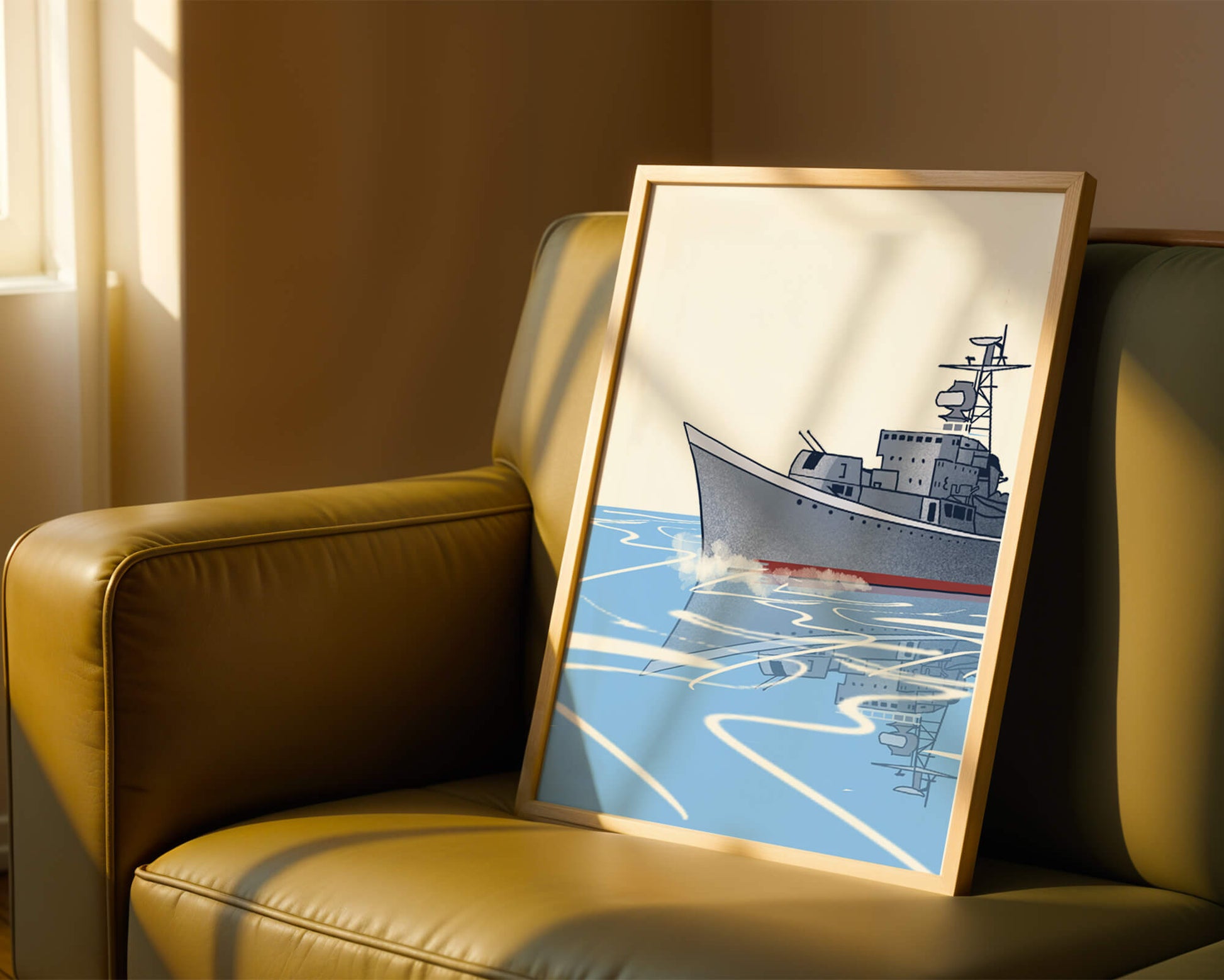 Illustrative depiction of a warship sailing on calm waters