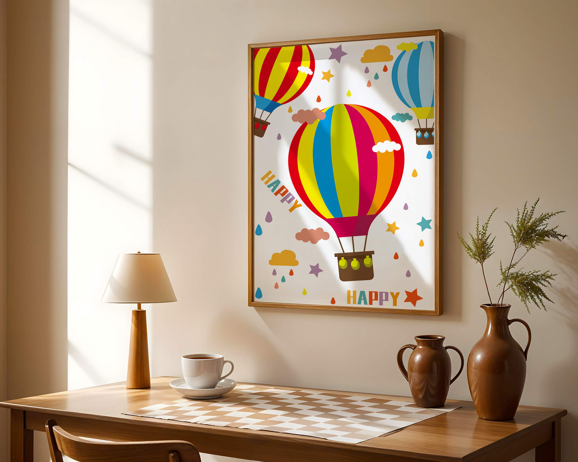 Colorful hot air balloons and happy clouds illustration