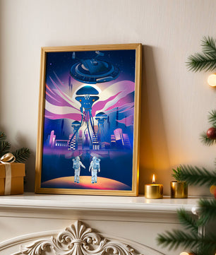 Futuristic Space City With Alien Creatures and Astronauts