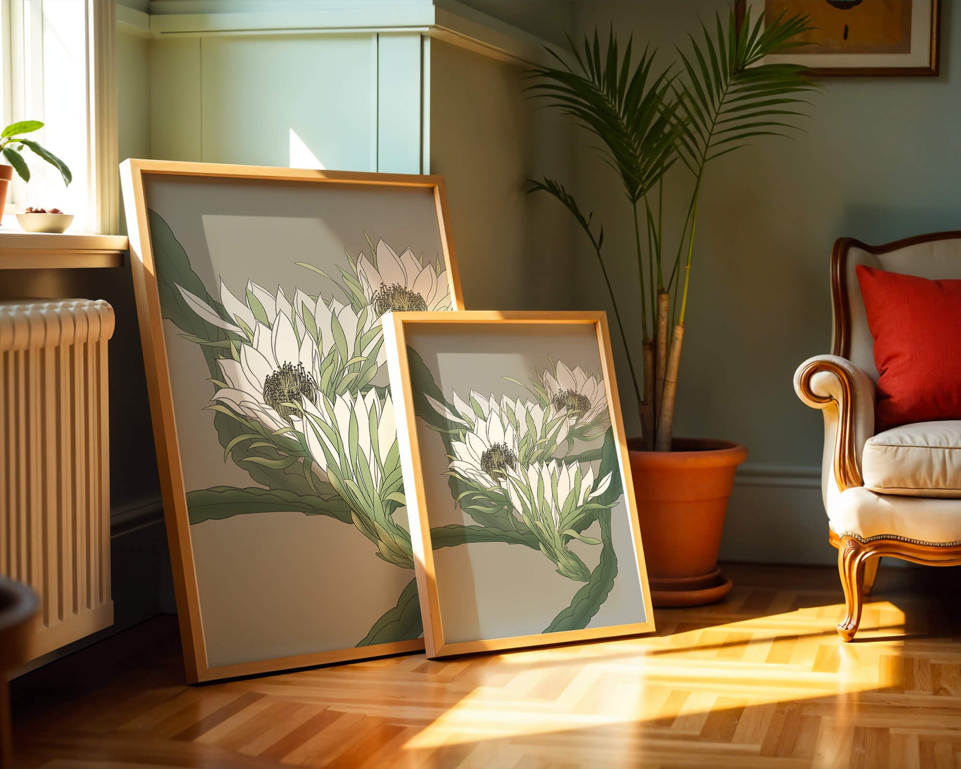 Beautiful botanical illustration of white blooming flowers with green leaves