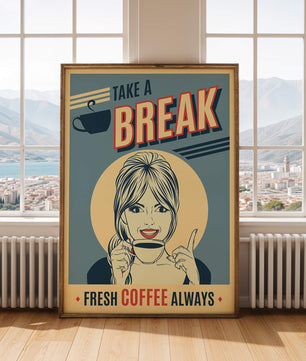 Retro Coffee Break Poster with Woman Holding a Cup - Mi tienda