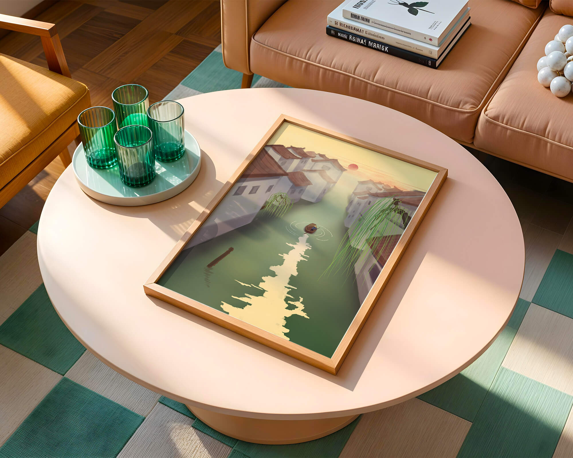 Tranquil river scene with traditional architecture and sunset