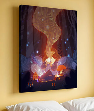 Magical forest scene with lantern and glowing hair